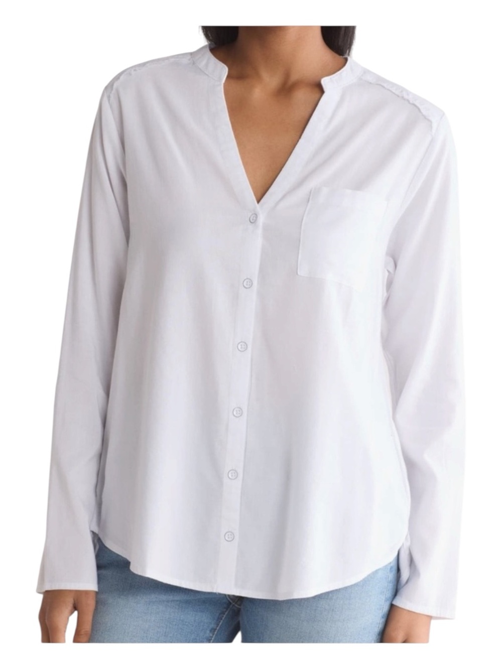 Zac & Rachel Front Button Blouse Mandarin Collar Flexible Knit Side Bidy